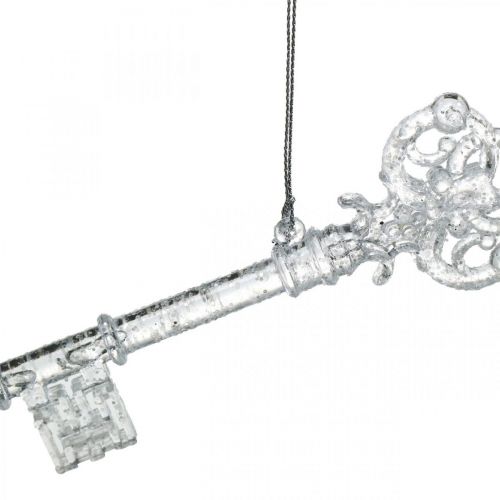 Floristik24 Chave de decoração da árvore de Natal, Advento, pingente de árvore com glitter transparente / prata L14,5 cm de plástico 12 unidades
