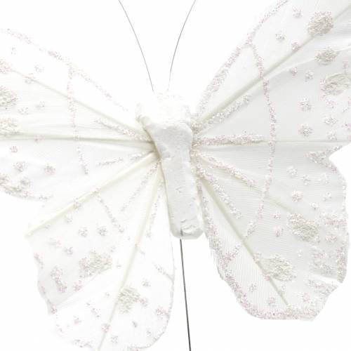 Floristik24 Borboleta de pena em fio branco com glitter 10cm 12pcs