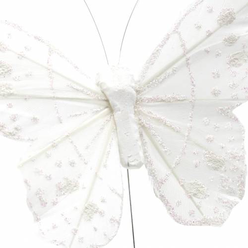 Itens Borboleta de pena em fio branco com glitter 10cm 12pcs