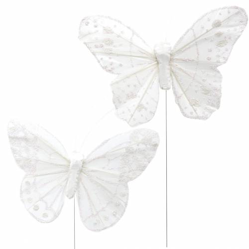 Floristik24 Borboleta de pena em fio branco com glitter 10cm 12pcs