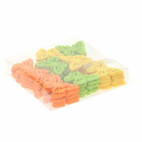 Floristik24 Decoração de mesa em feltro de borboleta amarelo verde laranja sortido 3,5x4,5cm 54 peças