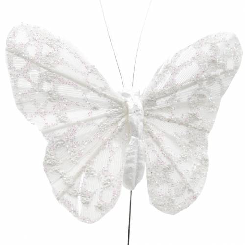 Floristik24 Borboleta de pena com fio branco, glitter 5cm 24pcs