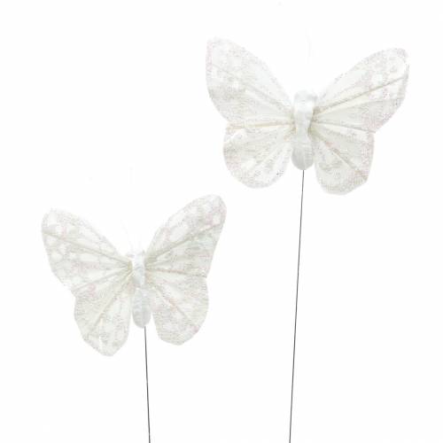 Floristik24 Borboleta pena com arame branco, glitter 5cm 24 un