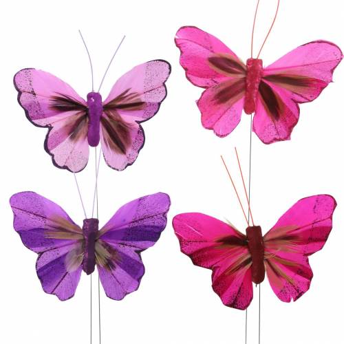 Floristik24 Borboleta pena com arame 7cm rosa roxo 24 un