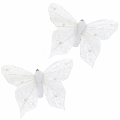 Floristik24 Borboleta de penas no clipe branco 10 cm 12 pcs