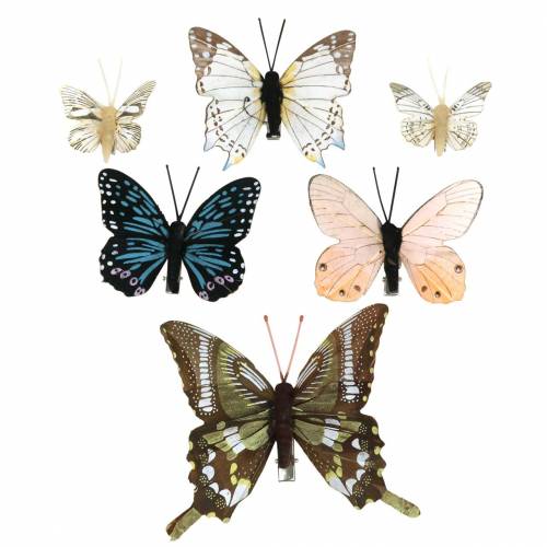 Floristik24 Borboleta decorativa com clipe de metal natureza variada H 4,9 cm/5,8 cm/7,4 cm 6 pçs