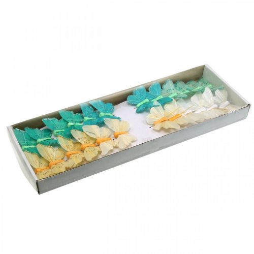 Floristik24 Borboleta com glitter, plug decorativo, borboleta de penas amarelo primavera, turquesa, verde 4×6,5cm 24 un