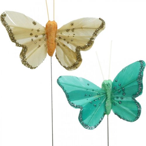 Floristik24 Borboleta com glitter, plug decorativo, borboleta de penas amarelo primavera, turquesa, verde 4×6,5cm 24 un
