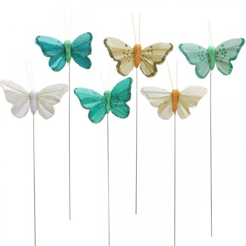 Floristik24 Borboleta com purpurina, tampões decorativos, borboleta de penas mola amarela, turquesa, verde 4×6,5cm 24pcs