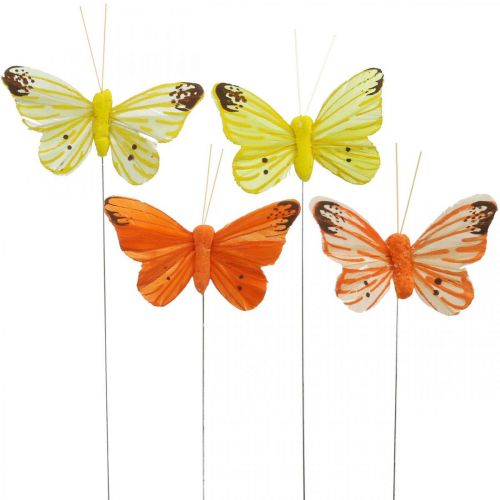 Floristik24 Borboletas decorativas, tampões de flores, borboletas de primavera em fio amarelo, laranja 4×6,5cm 12pcs