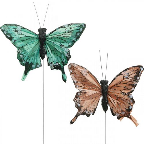 Borboletas decorativas, decoração de primavera, borboletas de penas, plugues de plantas verdes, marrons 9,5×12,5cm 12pcs