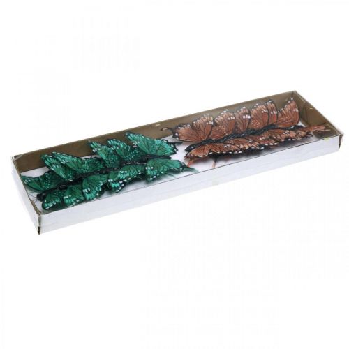 Floristik24 Borboletas decorativas, decoração de primavera, borboletas de penas, plugues de plantas verdes, marrons 9,5×12,5cm 12pcs