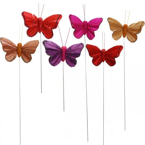 Floristik24 Primavera, borboletas de penas com mica, borboleta deco vermelho, laranja, rosa, violeta 4×6,5cm 24pcs