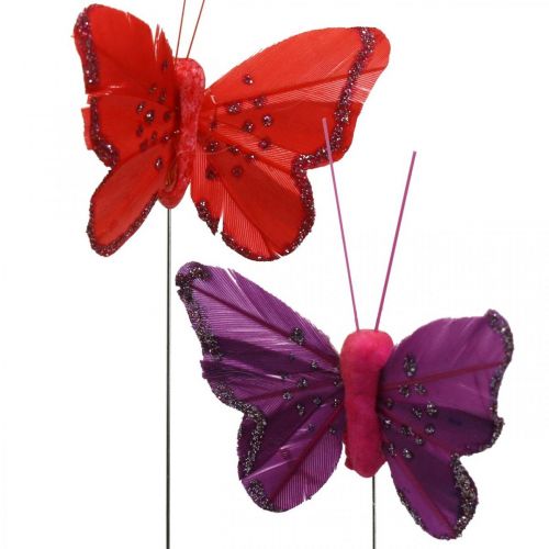 Floristik24 Primavera, borboletas de penas com mica, borboleta decorativa vermelha, laranja, rosa, violeta 4×6,5cm 24 un