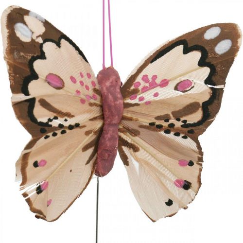 Floristik24 Borboletas de penas, borboletas decorativas no palito, tampões de flores rosa, laranja, violeta, marrom, azul, bege 6×8cm 12pcs