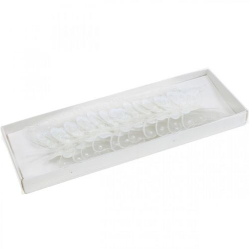Floristik24 Borboletas com pérolas e mica, decoração de casamento, borboleta de penas em fio branco