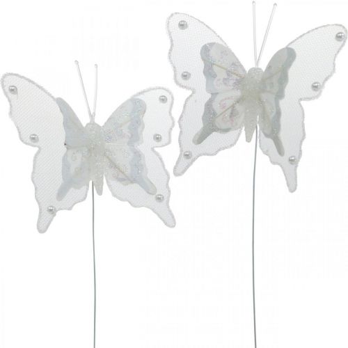 Floristik24 Borboletas com pérolas e mica, decoração de casamento, borboleta de penas em fio branco