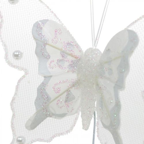 Floristik24 Borboletas com pérolas e mica, decoração de casamento, borboleta de penas em fio branco