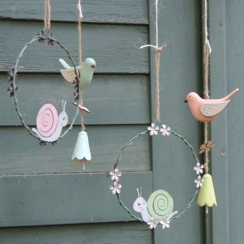 Itens Anel decorativo com caracol, decoração de primavera, decoração em metal verde/rosa Ø14,5cm conjunto de 2