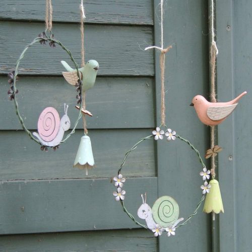 Floristik24 Anel decorativo com caracol, decoração de primavera, decoração em metal verde/rosa Ø14,5cm conjunto de 2