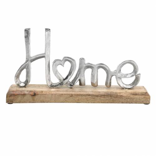 Floristik24 Decoração de mesa &quot;Home&quot; sobre base de madeira Manga, metal natural, prata 32 × 17 × 7cm