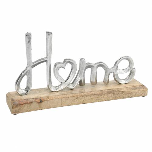 Floristik24 Decoração de mesa &quot;Home&quot; sobre base de madeira Manga, metal natural, prata 32 × 17 × 7cm