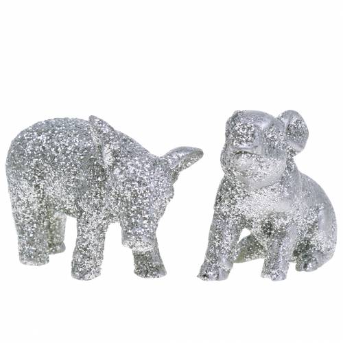 Floristik24 Porco decorativo decoração de véspera de ano novo glitter prateado 3,5 cm 2 unidades