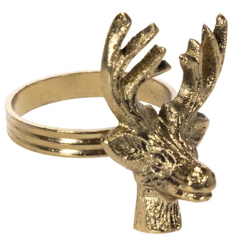 Porta-guardanapo de metal com cabeça de veado em acabamento dourado, 6 cm, conjunto com 4 peças.
