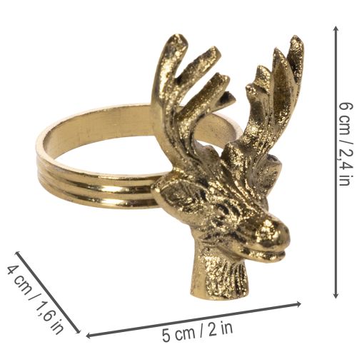 Porta-guardanapo de metal com cabeça de veado em acabamento dourado, 6 cm, conjunto com 4 peças. | Floristik24.pt