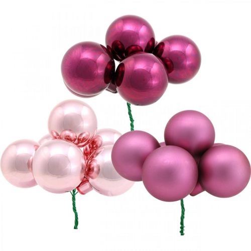 Floristik24 Mini bola de natal rosa espelho com bagas de vidro Ø40mm mix 32 unidades