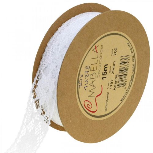 Floristik24 Fita de renda branca, decoração de casamento, padrão de flores de fita decorativa W25mm L15m