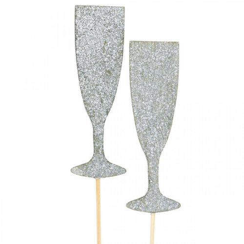 Decoração de Réveillon taça de champanhe bujão flor prata 9cm 18uds