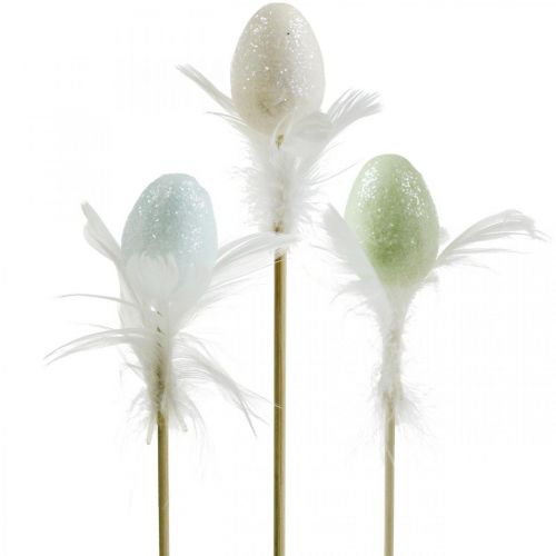 Floristik24 Ovos de Páscoa artificiais em palito ovo decorativo pastel com penas Alt.4cm 18 unidades