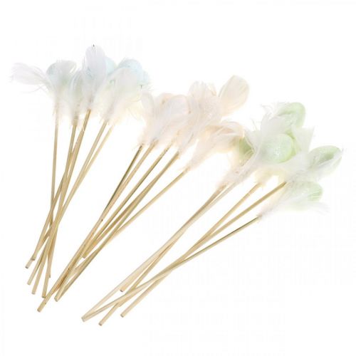Floristik24 Ovos de Páscoa artificiais em palito ovo decorativo pastel com penas Alt.4cm 18 unidades