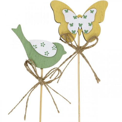 Borboleta de pássaro plug, decoração de madeira, decoração de mola de plugue de planta verde, amarelo L24/25cm 12pcs