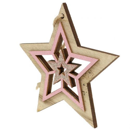 Itens Estrela de madeira rosa, natural para pendurar 10 cm 6 unidades