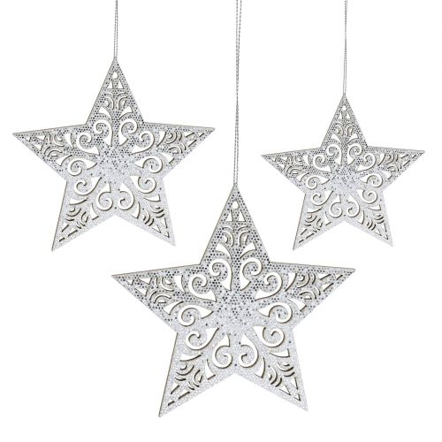 Floristik24 Estrela prateada para pendurar 8 cm - 12 cm 9 unidades
