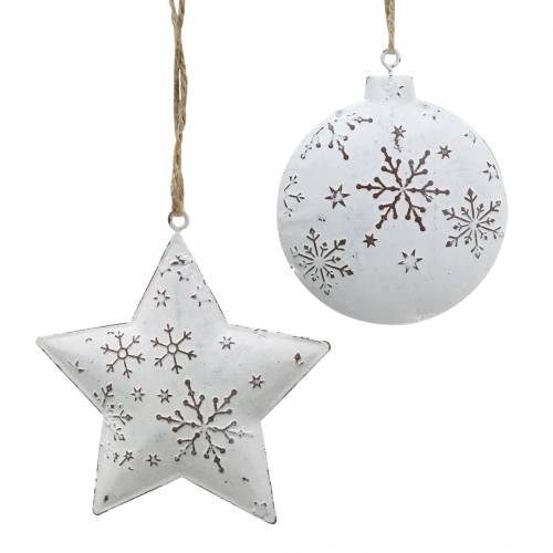 Estrela suspensa decorativa e bola de árvore de Natal com flocos de neve de metal branco Ø9,5 / 7,6 cm A10 / 9,2 cm 4 unidades