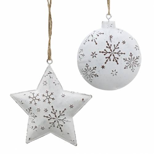 Floristik24 Estrela suspensa decorativa e bola de árvore de Natal com flocos de neve de metal branco Ø9,5 / 7,6 cm A10 / 9,2 cm 4 unidades