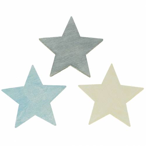 Floristik24 Estrela de madeira espalhada azul / cinza / branco 4 cm 72 unidades