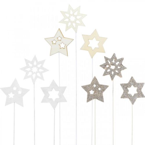 Floristik24 Estrelas de plugue de flores, Advento, decoração de flores, estrelas de madeira naturais, brancas, glitter dourado C27/28,5 cm 18 peças