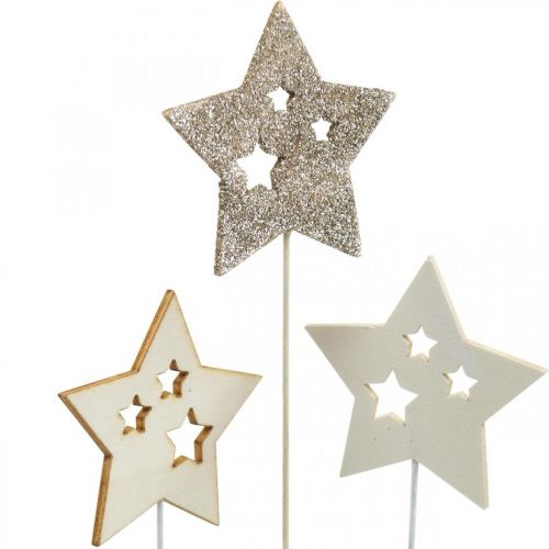 Floristik24 Estrelas de plugue de flores, Advento, decoração de flores, estrelas de madeira naturais, brancas, glitter dourado C27/28,5 cm 18 peças