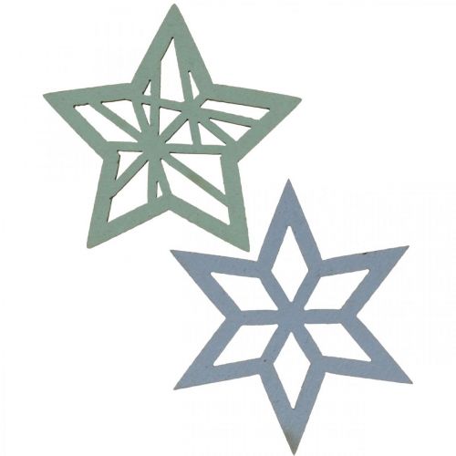 Floristik24 Estrelas Déco, madeira, azul, verde, estrelas de madeira, Natal, 4 cm, mistura, 36 unidades