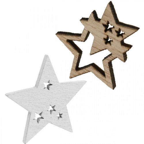 Floristik24 Decoração dispersa estrela madeira natural, decoração de mesa branca 3cm mix 72 unidades