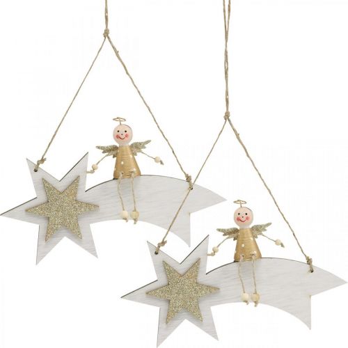 Floristik24 Anjo na estrela cadente, decoração de Natal para pendurar, Advent White, Golden H13cm L21,5cm 2pcs