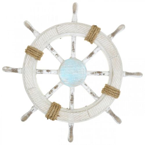 Decoração marítima, volante em madeira natural, azul e branco shabby chic Ø35cm