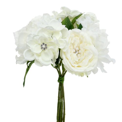 Bouquet decorativo branco com pérolas e strass 29cm