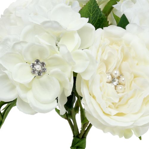 Itens Bouquet decorativo branco com pérolas e strass 29cm