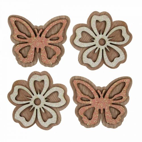 Itens Espalhar decoração madeira flores/borboletas branco/rosa Ø4cm 36p