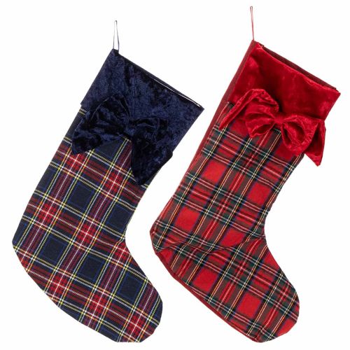 Bota de Papai Noel xadrez com laço para pendurar, 43 cm, 2 peças comprar | Floristik24.pt